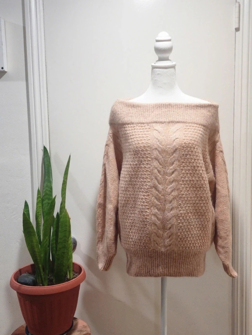 Off-the-Shoulder Cable Knit Sweater - Blush